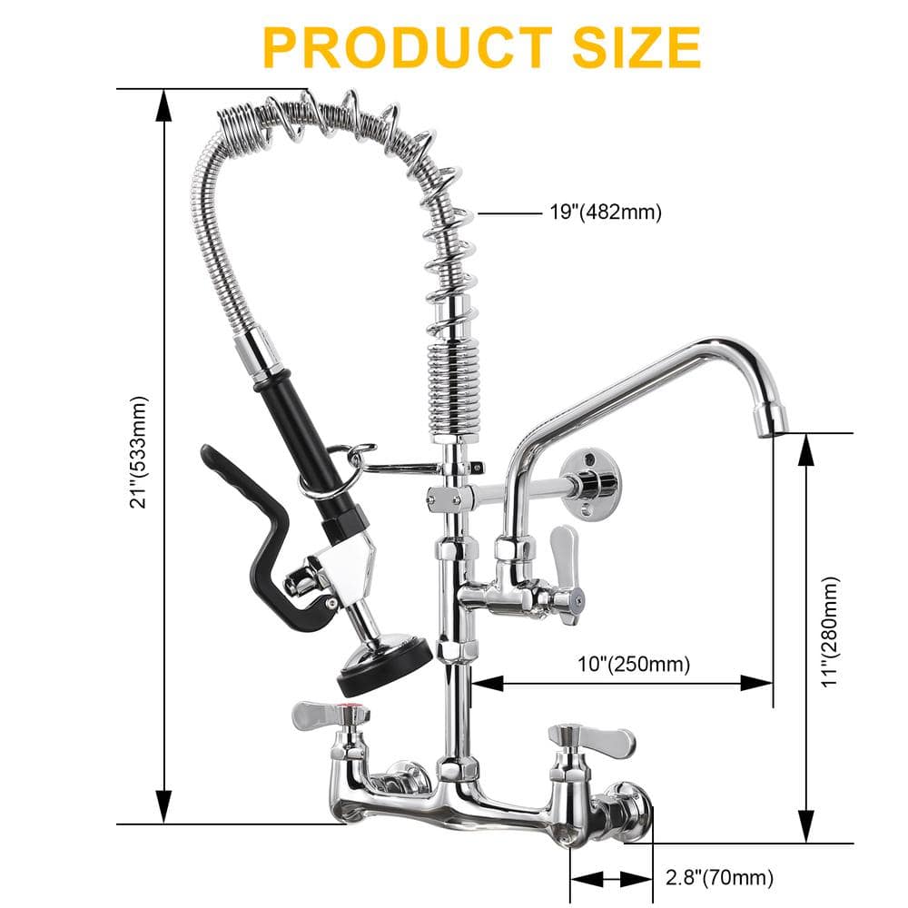 21-Inch Polished Chrome Triple Handle Wall Mount Kitchen Faucet