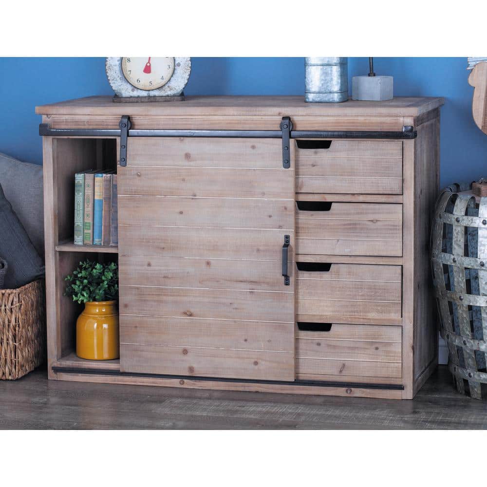 Brown Fir Wood Rustic Cabinet with Drawers and Sliding Door