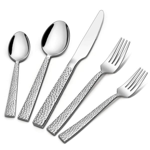 50-Piece Stainless Steel Hammered Flatware Set with Square-Edge Handles for 10 People