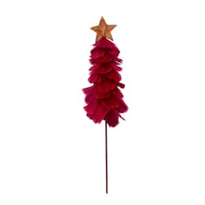 19 in. Burgundy Feather Christmas Tree Ornament with Star On Stick Pick (Set of 3)