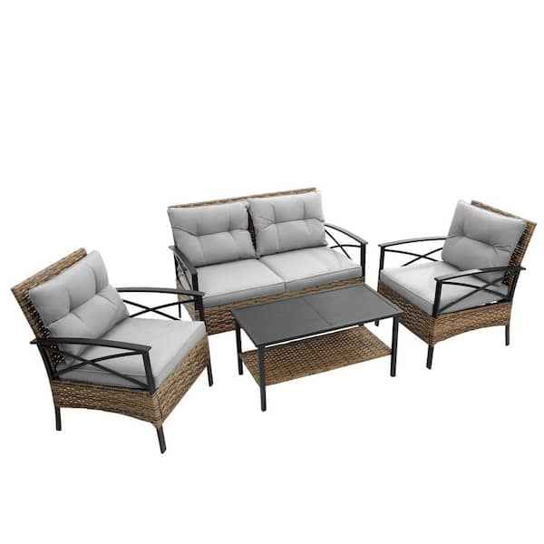 Unbranded 4 Piece Wicker Outdoor Dining Conversation Sofa Set Dining Sofa Set with Gray Cushions