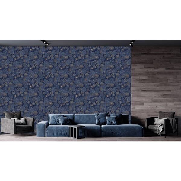 Gibraltar Blue & Montecito Poppies and Leaves Print Non Woven Non-Pasted Textured Wallpaper 57 Sq. Ft.