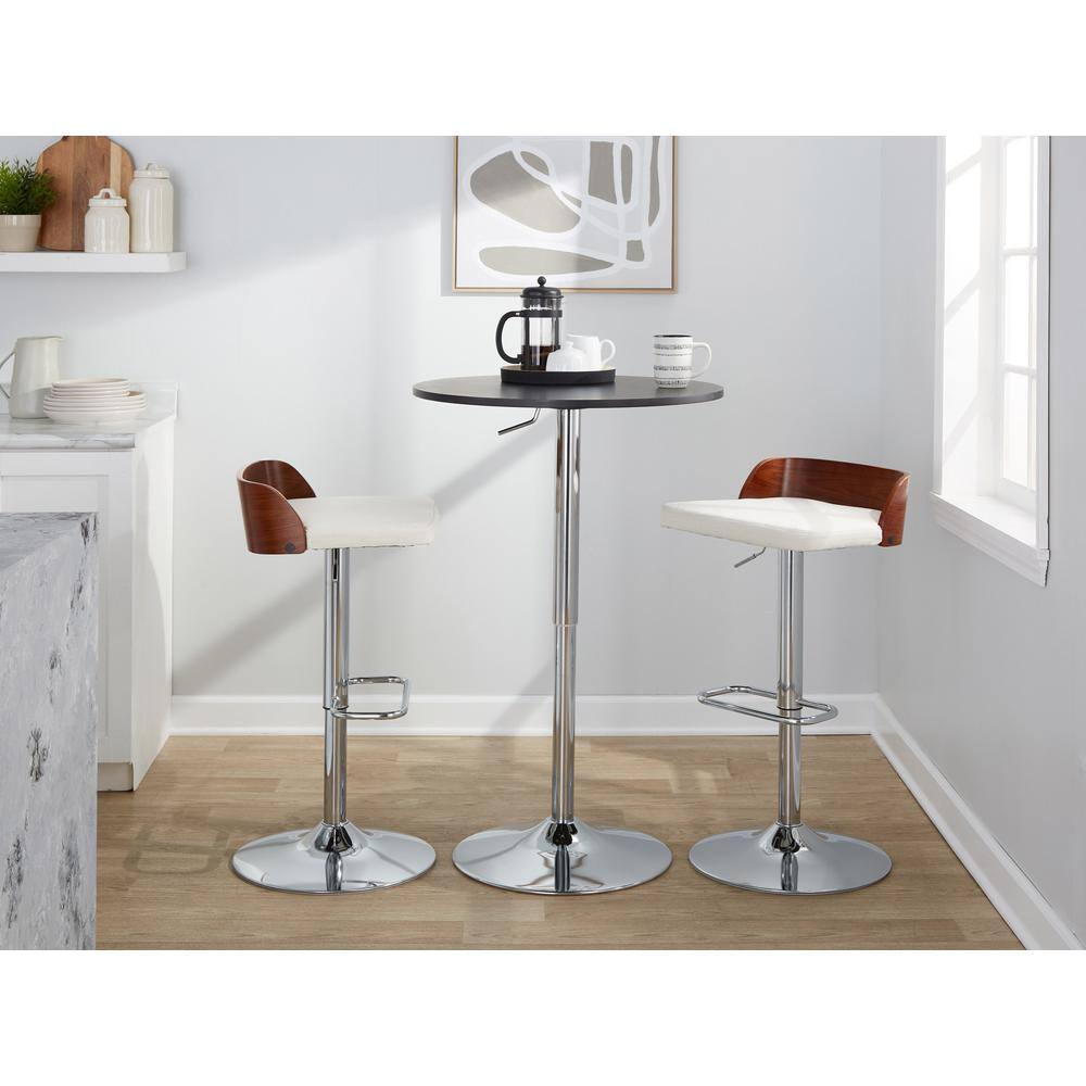 Adjustable White Upholstered Swivel Barstool with Wood Backrest