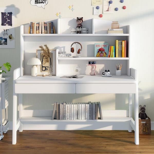 White Kids Study Desk with Storage, Wooden Children's Computer Writing Desk, Modern Kids Desk with Bookshelf and Drawers
