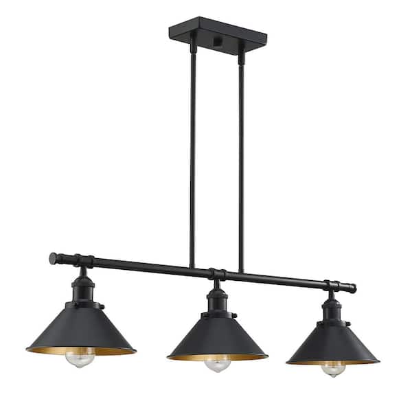 Hukoro 36.25 in. 3-Light Matte Black Island Pendant Chandelier with Gold Painting Inside