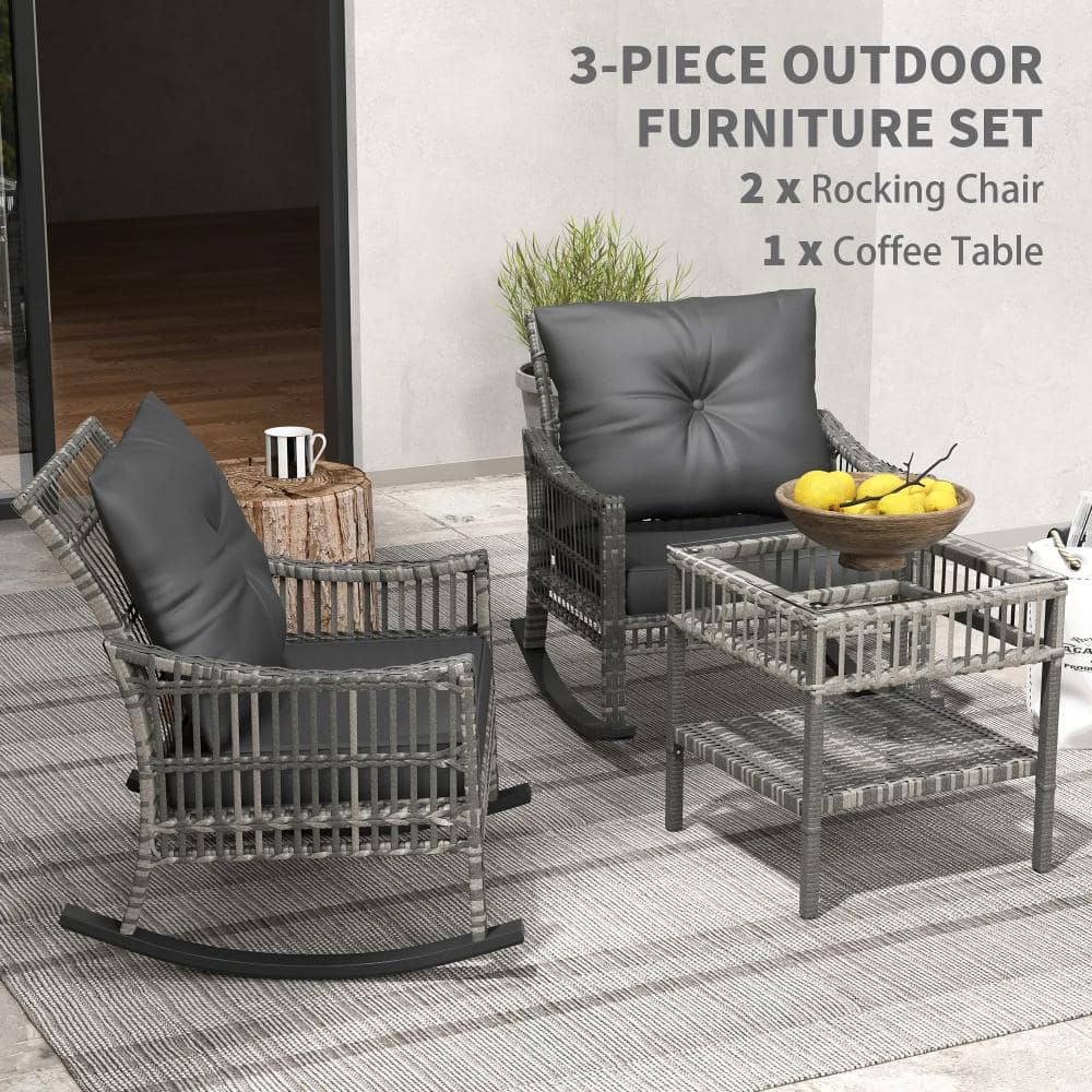 3-piece outdoor furniture set with two rocking chairs and a coffee table.