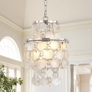 2 Light Polish Nickel Natural Capiz Shell Pendant Design Round Chandelier for Kitchen Island with No Bulbs Included