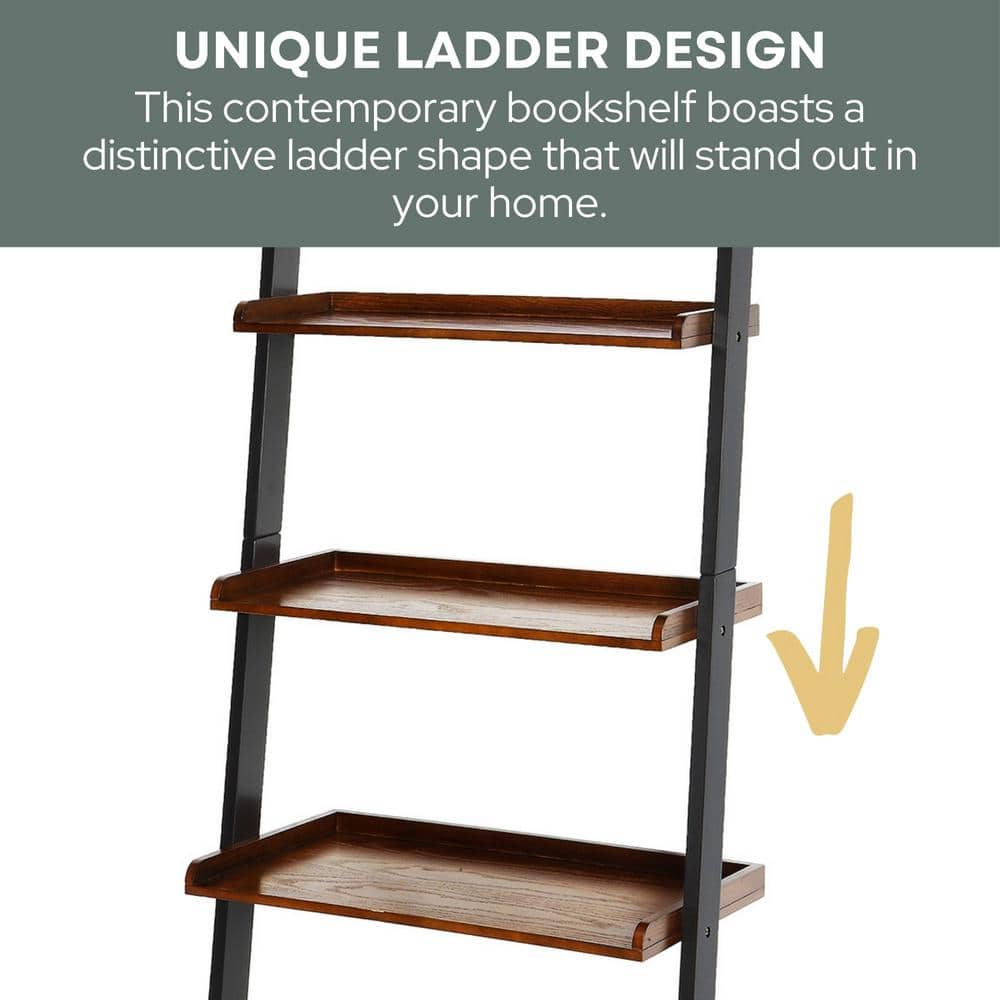 Elegant French Country 5-Shelf Ladder Bookcase in Dark Walnut and Black
