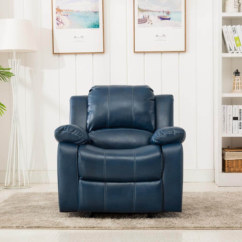 Midnight Blue Transitional Faux Leather & Wood Recliner Chair