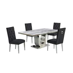 Ada 5-Piece White Marble Top with Stainless Steel Base Table Set with 4-Black Velvet Chairs with Tufted Buttons