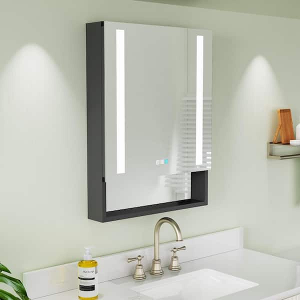 ExBrite 24 in. W x 32 in. H Black Aluminum Recessed/Surface Mount Right Dimmable Medicine Cabinet with Mirror with Shelves