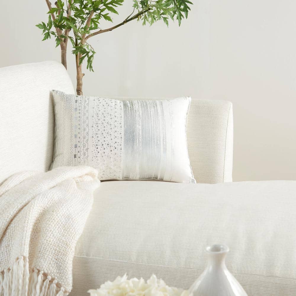 14"x20" Silver Embroidered Poly-Velvet Lumbar Pillow