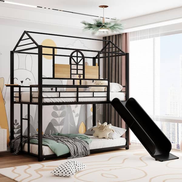 Harper & Bright Designs Black Twin over Twin Metal House Bunk Bed with Side Shelf, Ladder and Slide