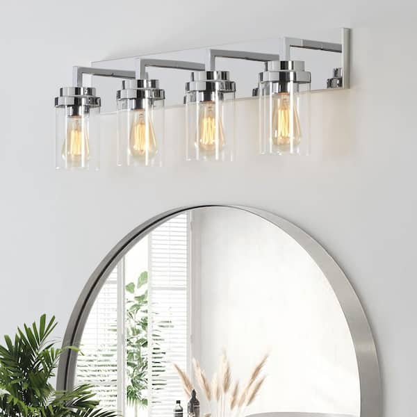KAWOTI 30 in. 4-Light Chrome Vanity Light with Clear Glass Shade