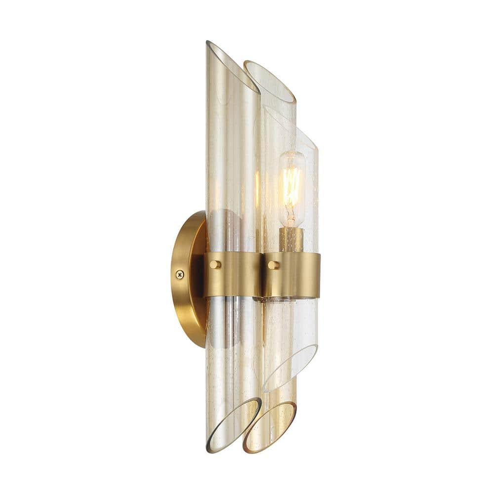 Warm Brass Art Deco Sconce with Clear and Champagne Glass