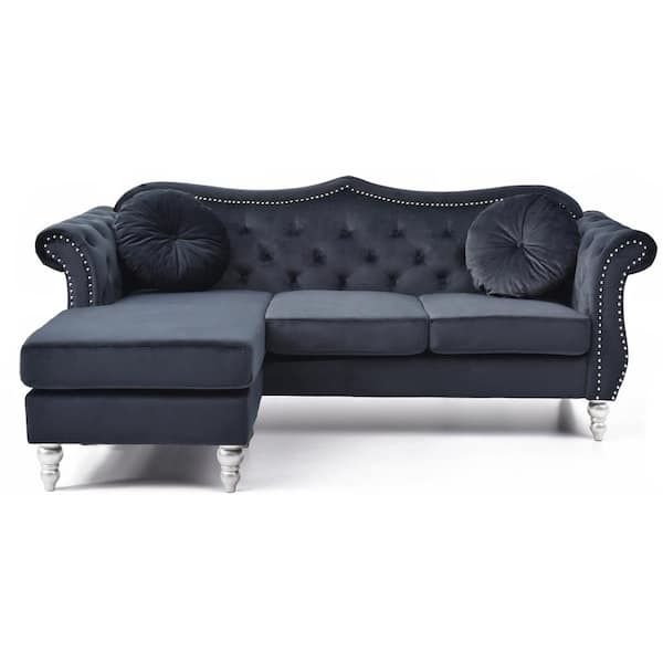 AndMakers Hollywood 81 in. Round Arm Velvet Specialty Tufted L Shaped Sofa in Black