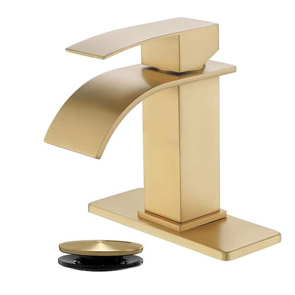 WELLFOR Single Handle Single Hole Bathroom Sink Faucet with Pop-Up Drain and Deck Plate in Brushed Gold 5.71 in. L Spout