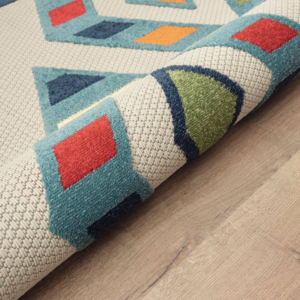 Reversible Rectangular Blue Geometric Easy-Care Area Rug