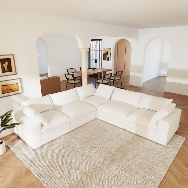 118 in. Square Arm 5-Piece Linen L-Shaped Modular Sectional Sofa Corner Cloud Couch in. White