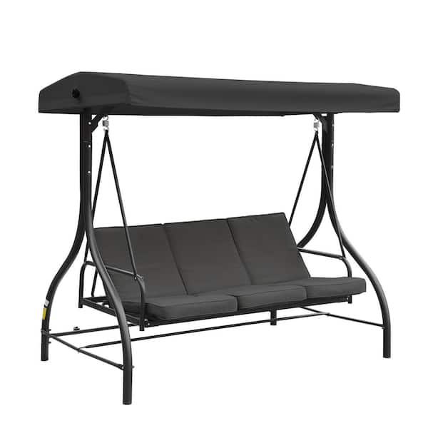 Mondawe Black 3-Person Metal Outdoor Patio Swing Chair Yard Lounge Chair with Adjustable Canopy and Removable Cushions