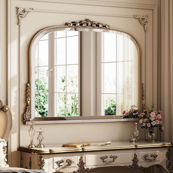 Vintage Silver 31.5 in. W x 43.5 in. H Classic Arched PU Framed Wall Mirror Bathroom Vanity Mirror