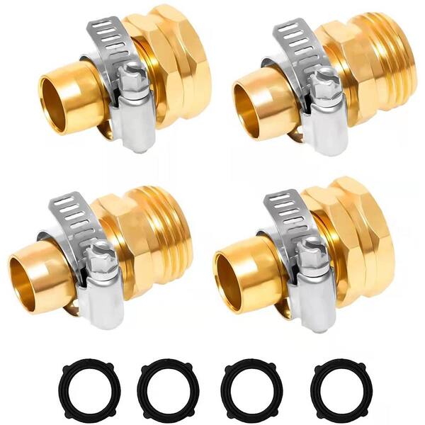 Stainless Steel Clamp and Rubber Gasket 4 Set 3/4 Inch Solid Brass Garden Hose Connector Hose Mender Water Hose Repair Kit Female and Male Hose Connector with Tape 