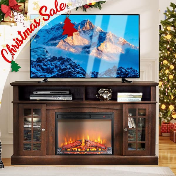 58.25 in. Freestanding Electric Fireplace TV Stand with 23 in. Fireplace Insert, Storage Space, Espresso, 320 sq. ft.