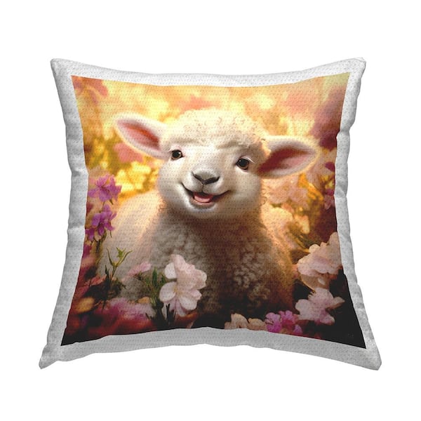 Stupell Industries Lamb and Flower Meadow Yellow Square Outdoor Throw Pillow