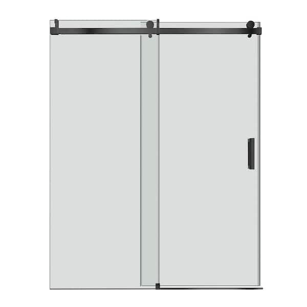 WELLFOR 60 in. W x 76 in. H Single Sliding Frameless Shower Door in Matte Black with Soft Close 3/8 in. Glass Shower Enclosure