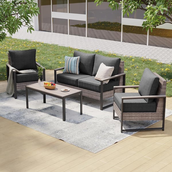 4 Pieces Patio Conversation Set with Coffee Table All-Weather Gray Wicker Loveseat Sofa with Black Cushion