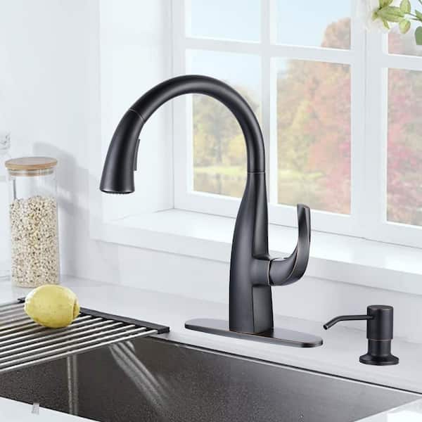 Single Handle Gooseneck Pull Down Sprayer Kitchen Faucet Stainless Steel with Soap Dispenser in Oil Rubbed Bronze