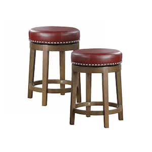 Paran 25 in. Brown Wood Round Swivel Counter Height Stool with Red Faux Leather Seat (Set of 2)