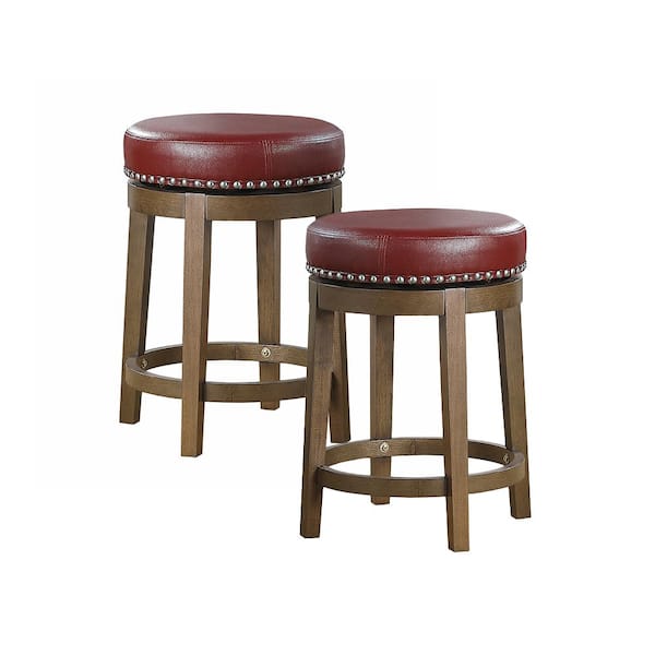 Lazzara Paran 25 in. Brown Wood Round Swivel Counter Height Stool with Red Faux Leather Seat (Set of 2)