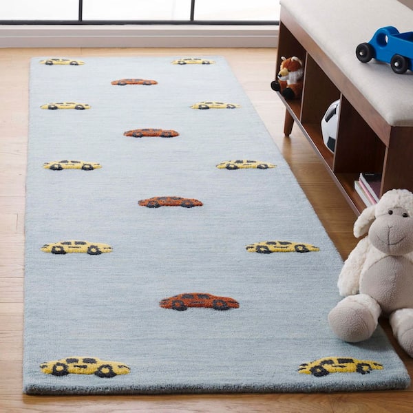 Kids 3 ft. x 8 ft. Light Blue/Yellow Mini Cars Runner Rug