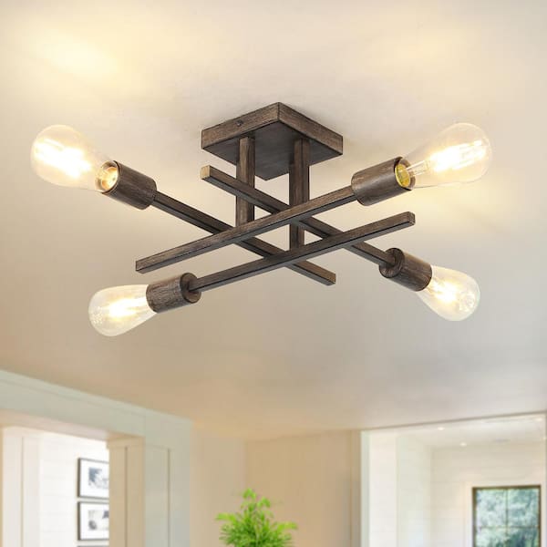 18.11 in. 4-Light Modern Wood Grain Semi- Flush Mount for Corridor Bedroom with No Bulbs Included