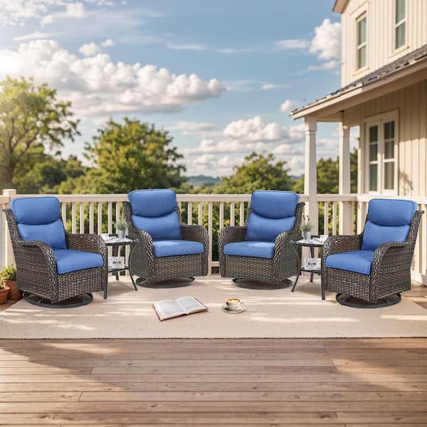 moosprr Luxury 6-Piece Brown Wicker Patio Conversation Set with Olefin Blue Cushions and Swivel Glides/Side Tables