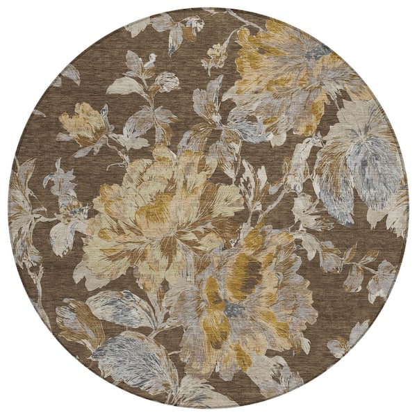 Chantille Machine Washable Indoor/Outdoor Abstract ACN3063 Chocolate 8 ft. x 8 ft. Round Rug