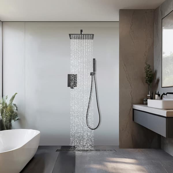 Zalerock Rainfall 1-Spray Square 12 in. Shower System Shower Head