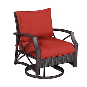 Rattan Wicker Outdoor Swivel Patio Lounge Chair with a Brown Aluminum Frame and Red Cushions