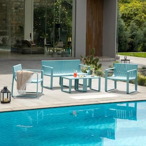 Blue 5-Piece Resin Plastic Patio Conversation Deep Seating Set with 2 End Tables