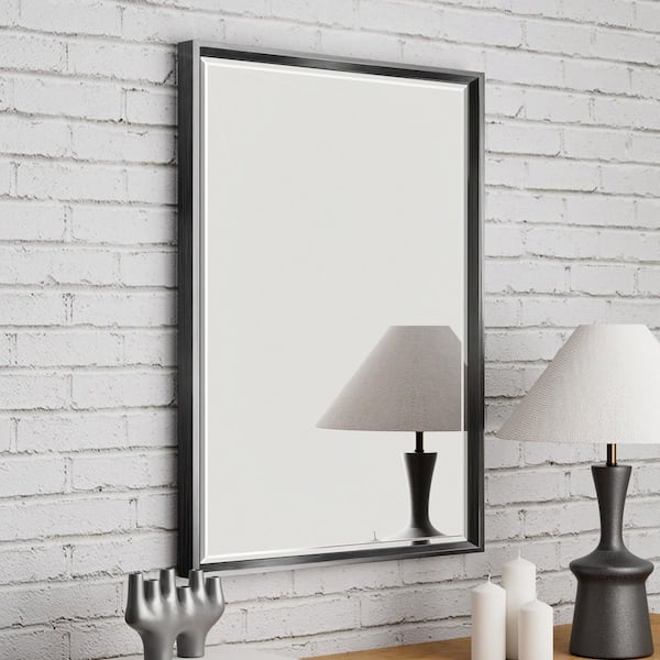 OnaBella 22in. W x 30in. H Rectangular Aluminum Thin Framed Wall Mount Beveled Bathroom Vanity Mirror in Black