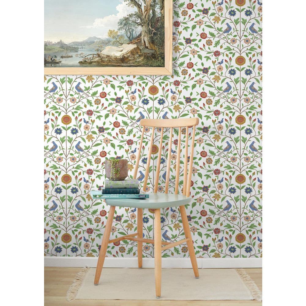 White and Multicolor Bird Toile Vinyl Peel and Stick Wallpaper Roll
