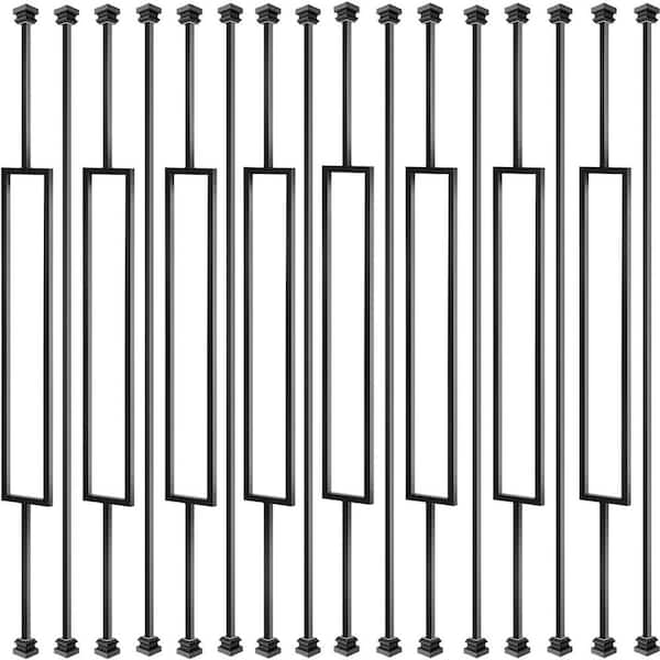 16 Pack Rectangular Hollow Iron Stair Spindles 44 Inch Interior Balusters with 32 Baluster Shoes Black