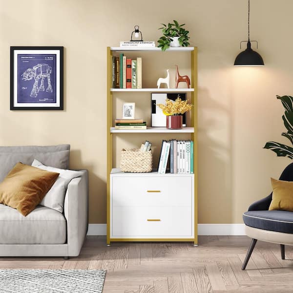 BYBLIGHT Eulas 59 in. Tall White Gold Wood 2-Drawers Etagere Bookcase 4-Tier Display Shelves Book Storage Organizer Home Office