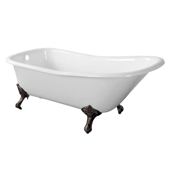 67 in. Cast Iron Single Slipper Clawfoot Bathtub in White with Feet in Oil Rubbed Bronze