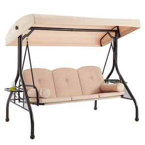 3-Seat Metal Outdoor Patio Porch Swing in Beige