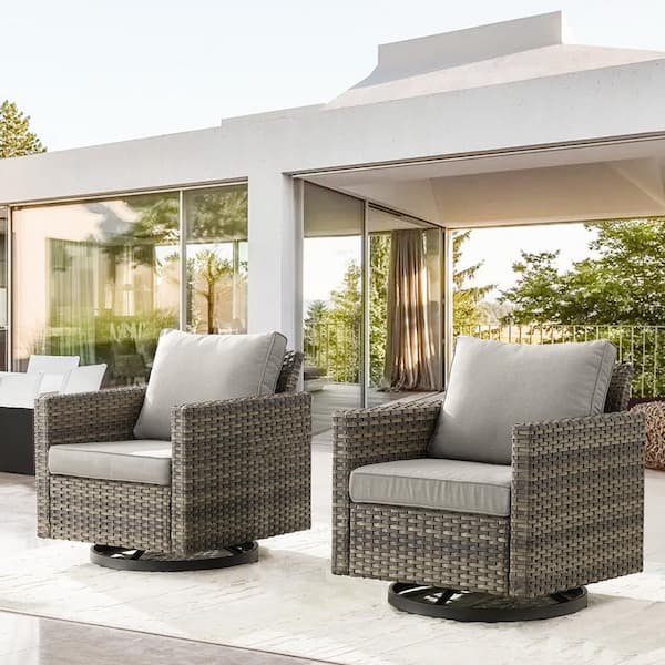 Opohoro Gray Wicker Outdoor Rocking Chair, Patio Swivel Gliders with Gray Cushions for Porch or Balcony (2-Pack)