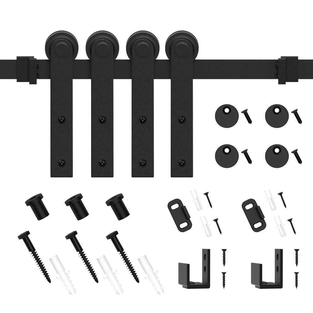 HOMCOM Mini Sliding Barn Door Hardware Kit – Fits Double Doors Up To 17.7″ Wide, J-Shape Rail, Black, For Cabinets & TV Stands