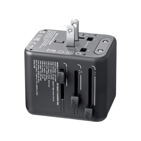 Universal Travel Adapter 5-in-1 International European Power Adapter with 2 USB-C 2 USB-A Ports 1 AC Outlet 4 Plugs