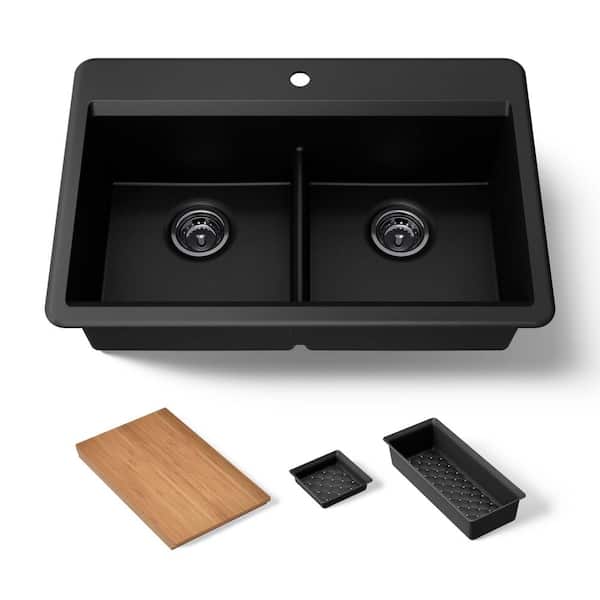 Lassen 33 in. Drop-in Double Bowl Granite Composite Kitchen Workstation Sink in Matte Black with Accessories